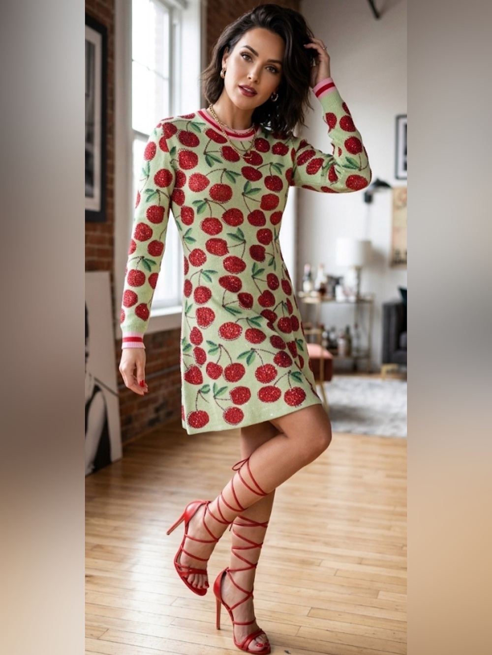 New! QUEEN OF SPARKLES Pale Green Rhinestone Cherry Long Midi Sleeve Dress